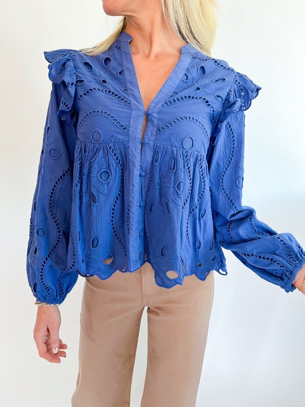 Anthropologie Ollari Eyelet Ruffle Long Sleeved Violet Blue Peasant Blouse XS